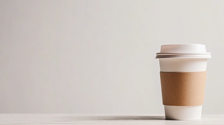 A minimalist white coffee cup sits on a wooden surface, presenting a calm and inviting look. Perfect for themes of relaxation, comfort, and daily rituals.の素材