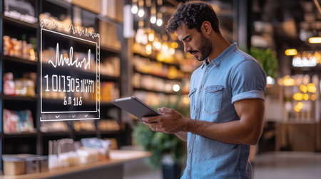 A young man is focused on using a tablet in a modern store. He explores data represented by a graph overlay, blending technology with retail.の素材