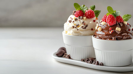 Tempting chocolate and vanilla desserts topped with fresh raspberries, mint leaves, and chocolate chips create an irresistible treat for any occasion.の素材