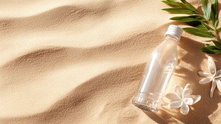 A clear water bottle rests on soft sandy beach, surrounded by tropical foliage and delicate flowers, evoking a sense of refreshment and relaxation in nature.の素材