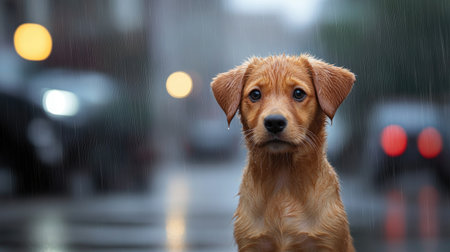 A cute puppy stands in the rain, showcasing a sad expression. Its fur is wet, adding to the emotional ambiance. This image captures the essence of solitude and innocence.の素材