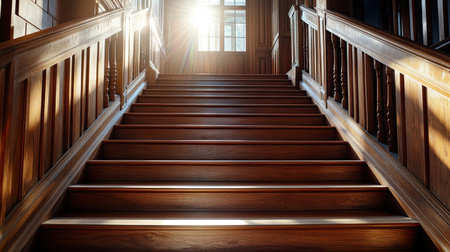 A stunning wooden staircase exuding warmth and elegance, illuminated by sunlight pouring through a window. Ideal for interior design inspiration.の素材