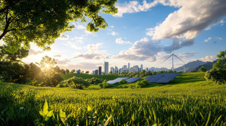 A vibrant landscape showcasing a wind turbine and solar panels against a city skyline, symbolizing the harmony of nature and sustainable energy solutions.の素材