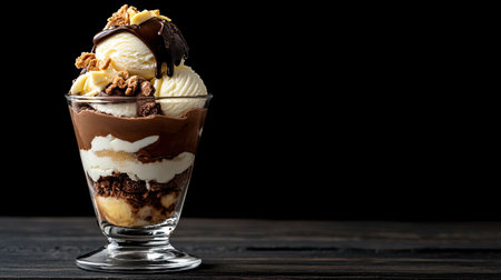 This enticing dessert features layers of rich chocolate, creamy ice cream, and crunchy toppings, creating a perfect indulgence for all sweet lovers.の素材