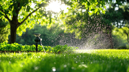 A vibrant garden scene features a sprinkler system watering a lush green lawn under bright sunlight, creating a refreshing atmosphere with shimmering water droplets.の素材