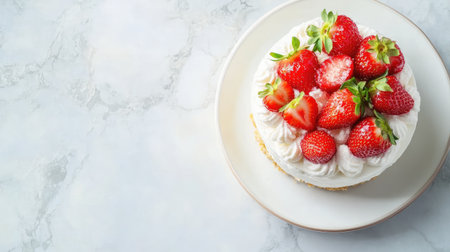 A gorgeous fresh strawberry cream cake topped with ripe strawberries and whipped cream, presented on a round white plate against a stylish marble background.の素材
