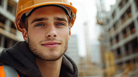 A young construction worker wearing a hard hat and safety gear smiles confidently at the camera. The construction site background highlights his role in the industry.の素材