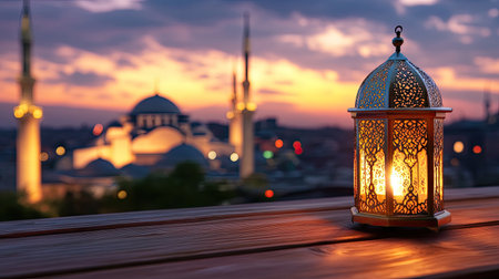 A beautifully designed lantern glows against the backdrop of a majestic mosque at twilight, showcasing the charm of urban evening scenes and cultural heritage.の素材