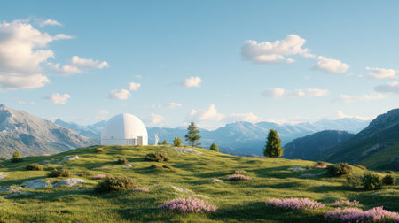 A modern observatory sits on a green hill, surrounded by stunning mountains and clear skies. This serene landscape evokes a sense of tranquility and exploration.の素材