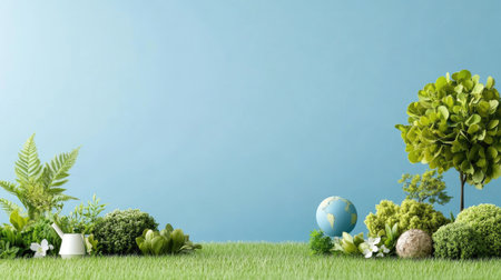 This serene image showcases vibrant greenery alongside a globe on a soft blue background, symbolizing harmony with nature and the importance of environmental awareness.の素材