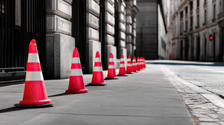 A row of bright red traffic cones lines an empty urban street, highlighting the intersection of safety and city design. The scene captures a moment of stillness in a bustling environment, showcasing architectural details and textures.の素材