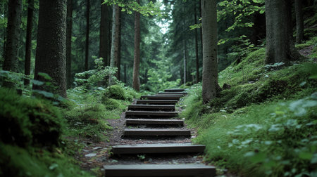 Discover a peaceful forest pathway featuring wooden steps amid lush greenery. This tranquil scene invites exploration and showcases nature's serene beauty.の素材