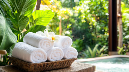 A serene spa setting featuring fresh white towels arranged neatly in a basket, surrounded by lush greenery and a soothing atmosphere, perfect for relaxation and wellness.の素材
