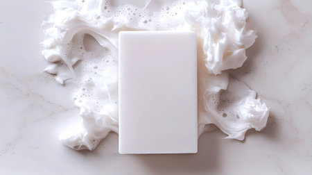 A pristine white soap bar rests on a creamy foam background, creating an elegant and minimalist composition ideal for beauty and wellness themes.の素材