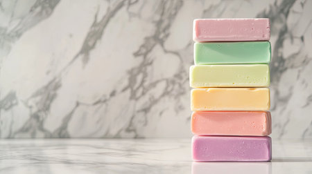 A serene arrangement of colorful soaps stacked on a marble surface, enhancing the atmosphere of any space with a touch of elegance and relaxation.の素材