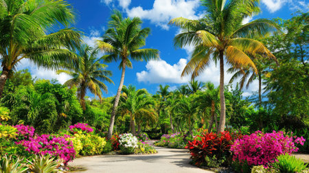 A picturesque tropical garden pathway adorned with lush greenery and vibrant flowers, framed by tall palm trees under a clear blue sky. Perfect for relaxation.の素材
