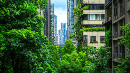 A captivating view of a vibrant urban landscape where lush greenery intertwines with modern skyscrapers, showcasing the harmony between nature and city life.の素材