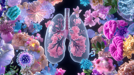 This artistic representation showcases lungs intricately intertwined with vibrant flowers, illustrating the beauty of the human respiratory system amidst a colorful environment.の素材