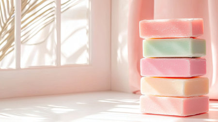This image features a stack of colorful handmade soap bars in soft pastel shades, illuminated by gentle daylight streaming through a window.の素材