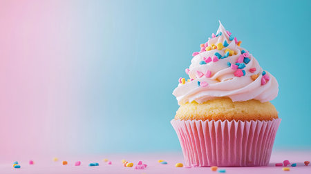 A vibrant cupcake topped with fluffy whipped cream and colorful sprinkles, set against a soft blue and pink background, perfect for celebrations.の素材