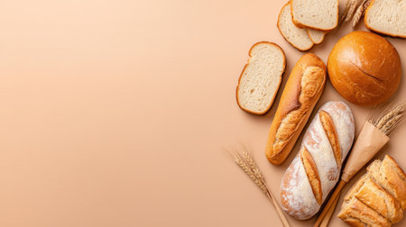 A delightful arrangement of various artisan bread types on a soft beige background, featuring slices, loaves, and wheat stalks, ideal for culinary inspirations.の素材