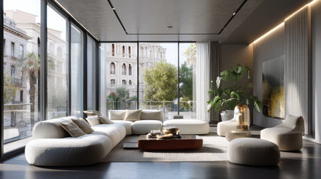 A modern living room featuring large windows that provide stunning views of the city. With stylish furniture and plenty of natural light, this space embodies comfort and sophistication, making it perfect for relaxation and social gatherings.の素材