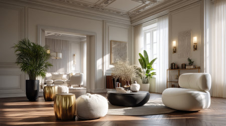 This beautiful minimalist living room features stylish furniture arrangements with decorative plants and natural light, creating a tranquil and elegant ambiance.の素材