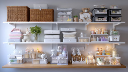 A beautifully arranged set of shelves in a baby room showcasing soft toys, decorative items, and storage solutions, creating a serene and inviting atmosphere.の素材