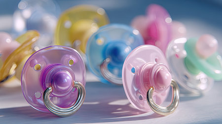 A visually appealing arrangement of colorful baby pacifiers captured in soft light, showcasing their design and comfort for infants and toddlers.の素材
