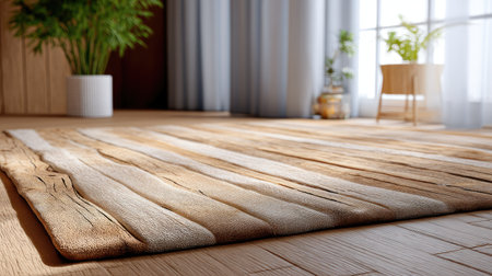 A cozy interior scene featuring a textured area rug on a wooden floor illuminated by natural sunlight, surrounded by plants and soft drapes, creating an inviting atmosphere.の素材