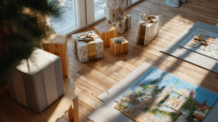 A cozy interior space featuring beautifully wrapped Christmas gifts on a wooden floor, accompanied by a colorful puzzle, all illuminated by natural light.の素材