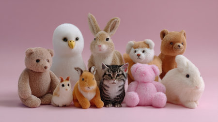 This charming image features an array of plush animals alongside a curious kitten, all set against a soft pink background, perfect for childrenの素材