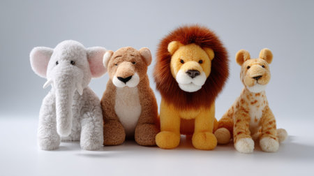Charming collection of plush animals including an elephant, lion, lioness, and cheetah, perfect for children's rooms, gifts, or playtime adventures.の素材