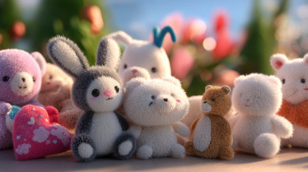 This delightful image features an array of cute plush animal toys in soft textures, surrounded by colorful flowers under a bright sun, invoking warmth and joy.の素材