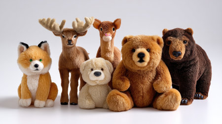 A delightful collection of plush toys showcasing various forest animals, including a fox, deer, bear, and more. Perfect for children's play or decorative purposes.の素材