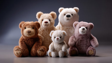 This captivating image showcases a delightful ensemble of plush teddy bears in differing colors and sizes, set against a soft gray backdrop, evoking a sense of warmth and nostalgia.の素材