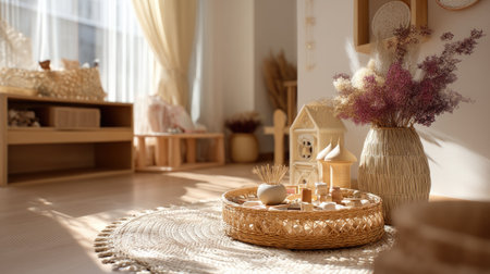 Discover a bright and cozy minimalist interior that showcases natural elements and pastel hues. This sunlit room features a stylish arrangement of decor.の素材