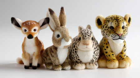 A delightful collection of plush animal toys including a deer, rabbit, leopard, and cheetah, ideal for playtime, decoration, or gifts.の素材