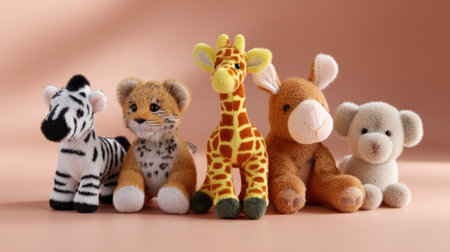 A delightful collection of colorful plush animal toys displayed on a soft pink surface, perfect for adding charm and comfort to any child's space.の素材