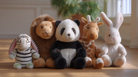 This charming image features a delightful assortment of plush stuffed animals, including a lion, panda, giraffe, rabbit, and striped bunny, set against a bright and warm backdrop.の素材
