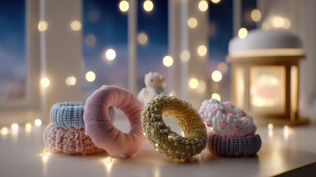 A collection of vibrant, handcrafted donut-shaped hair accessories displayed against a backdrop of soft lights, creating a warm and inviting atmosphere.の素材