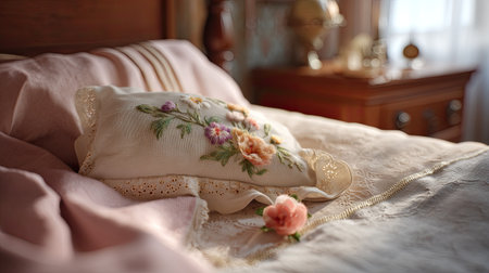 A beautiful vintage pillow adorned with floral embroidery rests on a soft bed, evoking a sense of warmth and elegance. The gentle colors and cozy setting create a tranquil ambiance perfect for relaxation.の素材