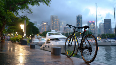 A stunning view of a bicycle resting on a waterfront promenade, surrounded by boats and a vibrant city skyline under cloudy evening skies.の素材