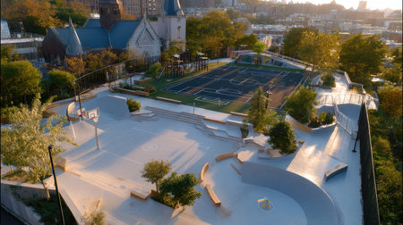 This aerial view captures a modern urban skatepark featuring a basketball court and lush greenery, promoting an active lifestyle and community engagement.の素材