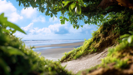 A picturesque coastal scene showcasing lush greenery framing a tranquil beach, with calm ocean waves and a clear sky, inviting relaxation and exploration.の素材