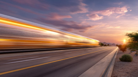 A train speeds along the railroad as the sun sets, casting vibrant colors across the sky. The dynamic motion captures the energy of travel and adventure.の素材