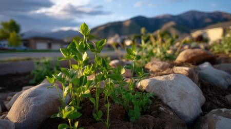 Fresh green plants sprout from the soil among stones, set against a beautiful mountainous backdrop under a clear sky, showcasing natureの素材