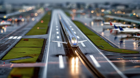 A stunning view of a high-speed train approaching the runway of a busy airport, captured in rainy weather creating a mesmerizing blur effect.の素材