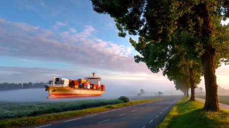 A picturesque scene featuring a large container ship sailing on calm water, accompanied by a serene tree-lined road and enveloped in morning mist.の素材