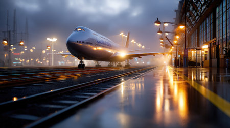 A stunning airport scene featuring a large aircraft on tracks during a rainy evening, illuminated by soft lights and surrounded by a foggy atmosphere.の素材
